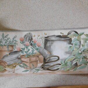 VTG Cottagecore Wallpaper Border Flower Pots Bird Feeder Birds 15 Yards